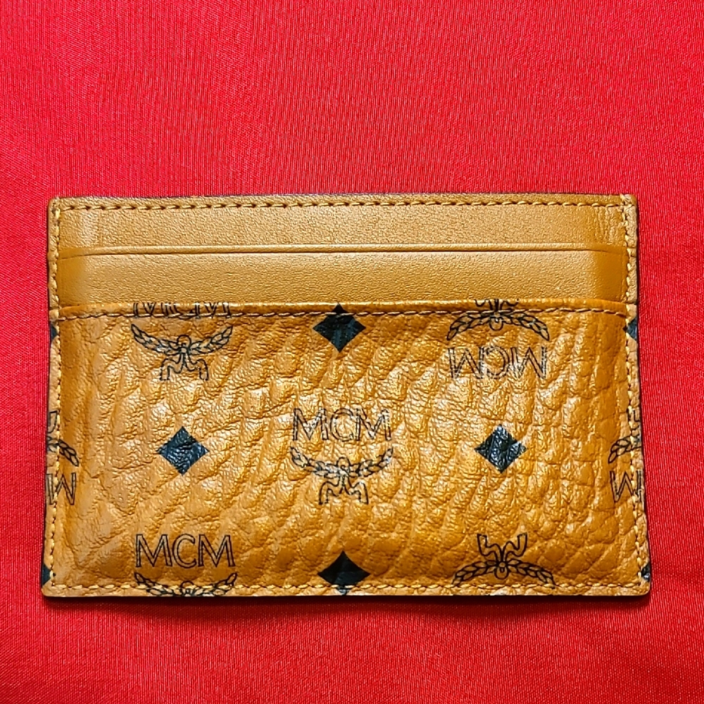 MCM Cognac Leather Card Holder In Visetos Orginal